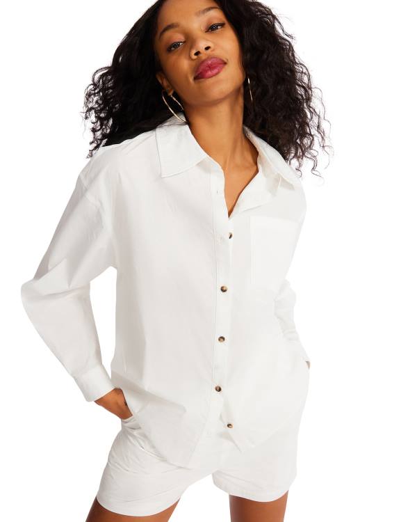 Steve Madden Button Down Kort Set Loungewear Dame Hvite | SM-501GV