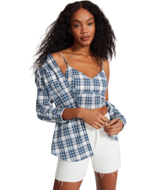 Steve Madden Checkered Button Up Topper Dame Blå | SM-631NC