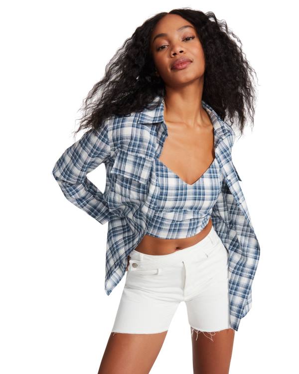 Steve Madden Checkered Button Up Topper Dame Blå | SM-631NC