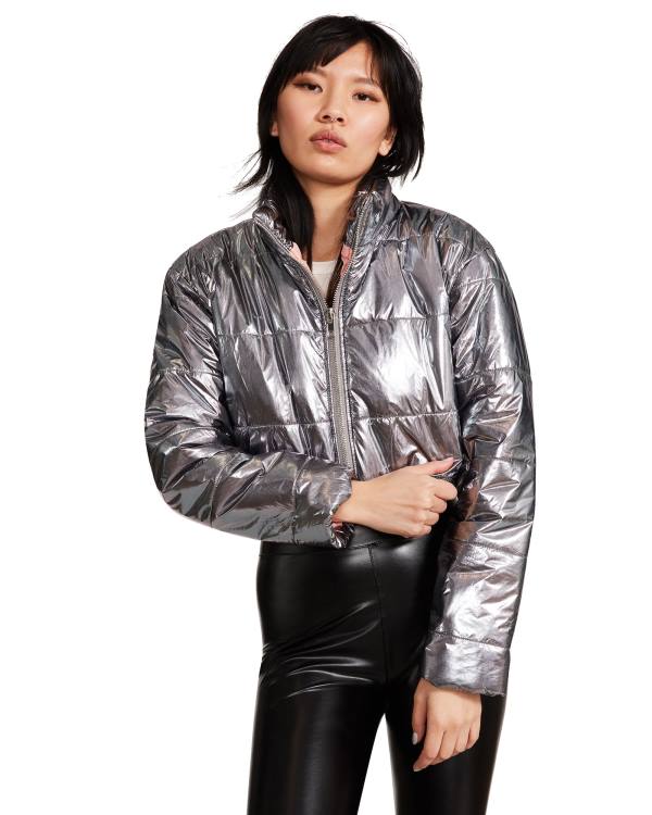 Steve Madden Cropped Metallic Puffer Gunmetal Jakke Dame Bronze | SM-132VP