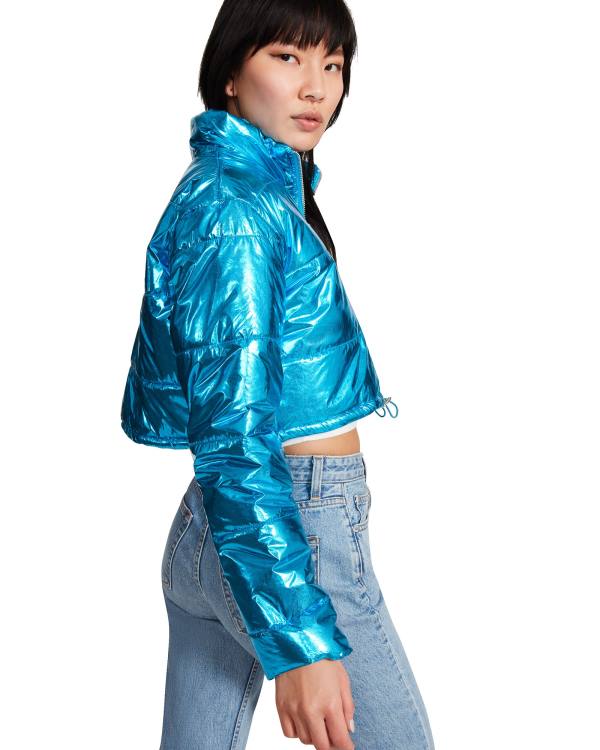 Steve Madden Cropped Metallic Puffer Jakke Dame Blå | SM-189NL