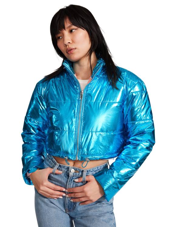 Steve Madden Cropped Metallic Puffer Jakke Dame Blå | SM-189NL