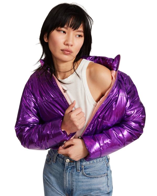 Steve Madden Cropped Metallic Puffer Jakke Dame Lilla | SM-209PZ