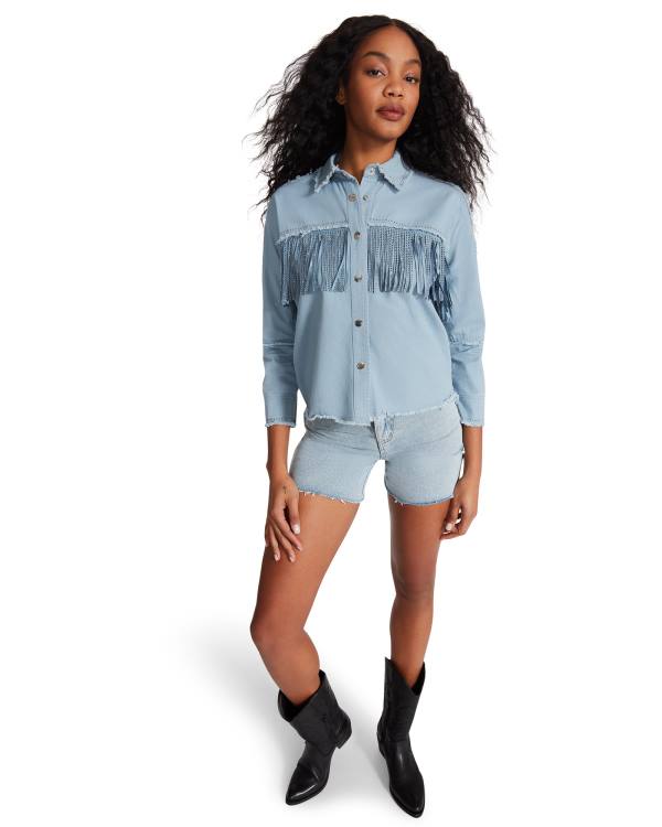 Steve Madden Denim Fringe Button Up Topper Dame Blå | SM-504QK