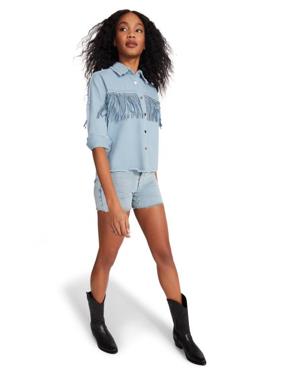 Steve Madden Denim Fringe Button Up Topper Dame Blå | SM-504QK