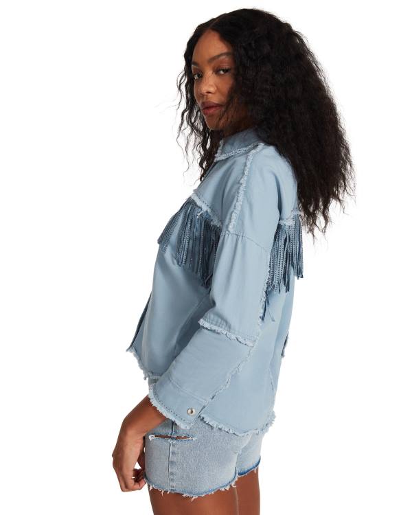 Steve Madden Denim Fringe Button Up Topper Dame Blå | SM-504QK