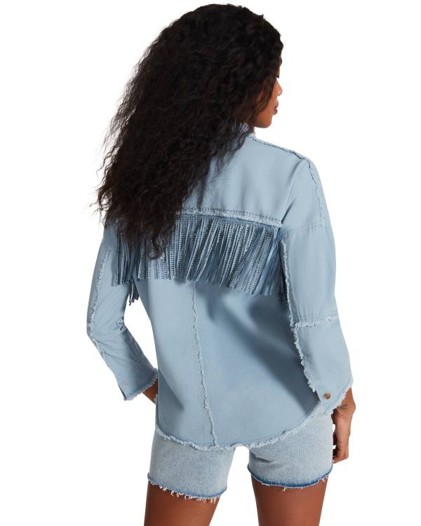 Steve Madden Denim Fringe Button Up Topper Dame Blå | SM-504QK