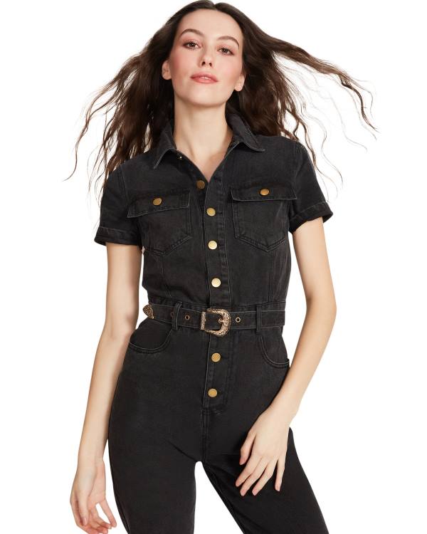 Steve Madden Denim Kort Sleeve Jumpsuit Skjørt Dame Svarte | SM-397XY