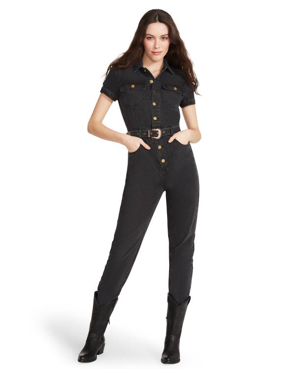 Steve Madden Denim Kort Sleeve Jumpsuit Skjørt Dame Svarte | SM-397XY