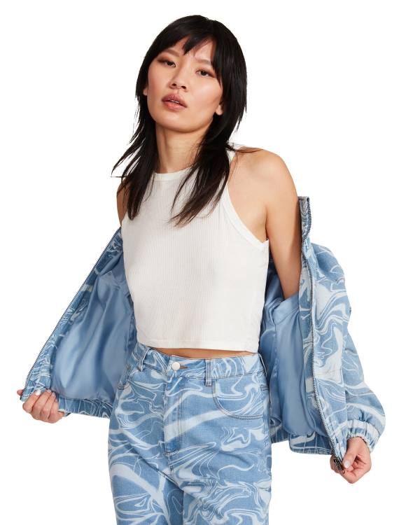 Steve Madden Denim Swirl Puffer Jakke Dame Blå | SM-705AZ