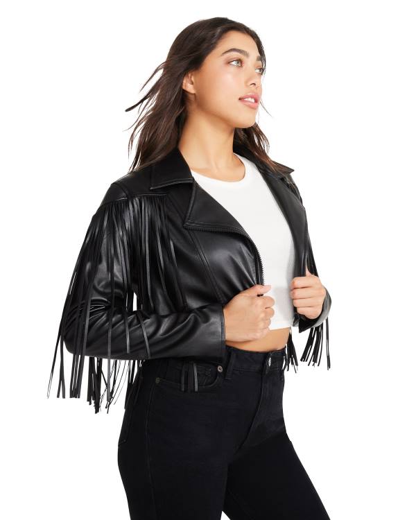 Steve Madden Fringe Faux Lær Jakke Dame Svarte | SM-104RS