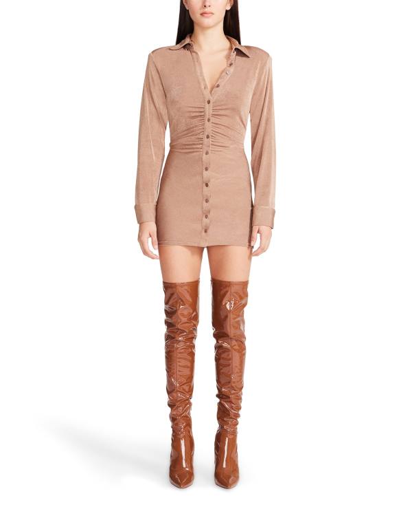 Steve Madden Long Sleeve Button Up Camel Fabric Kjoler Dame Brune | SM-390SR