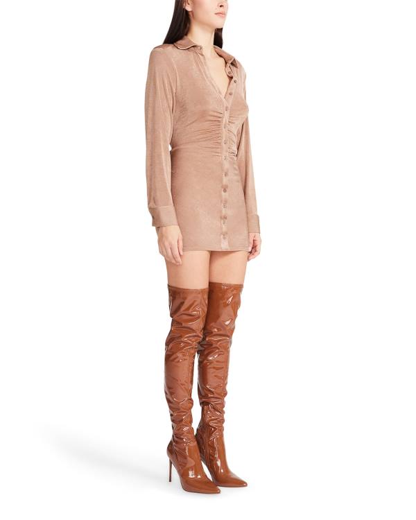 Steve Madden Long Sleeve Button Up Camel Fabric Kjoler Dame Brune | SM-390SR