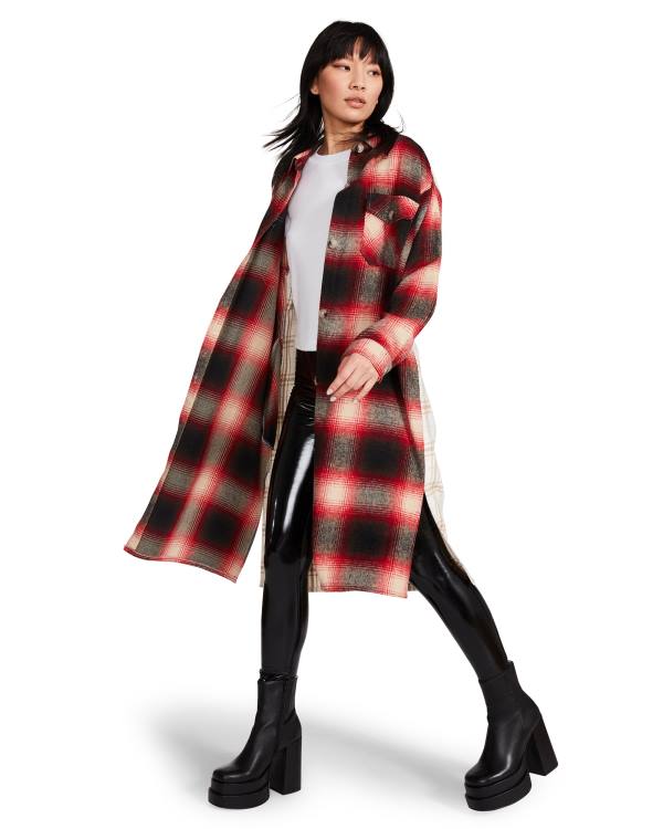 Steve Madden Mixed Plaid Duster Jakke Dame Rød | SM-016SQ