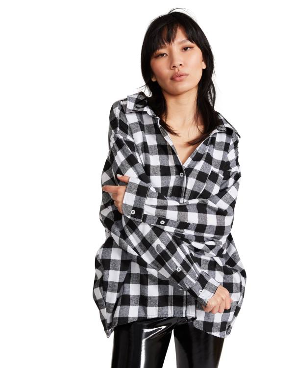 Steve Madden Oversized Gingham Flannel Topper Dame Svarte | SM-176DA