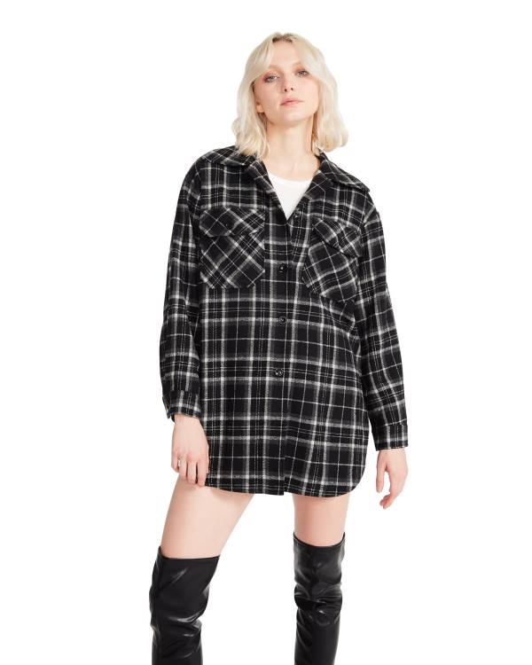 Steve Madden Oversized Plaid Flannel Topper Dame Svarte | SM-159AM