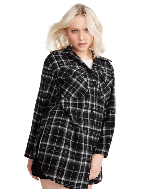 Steve Madden Oversized Plaid Flannel Topper Dame Svarte | SM-159AM