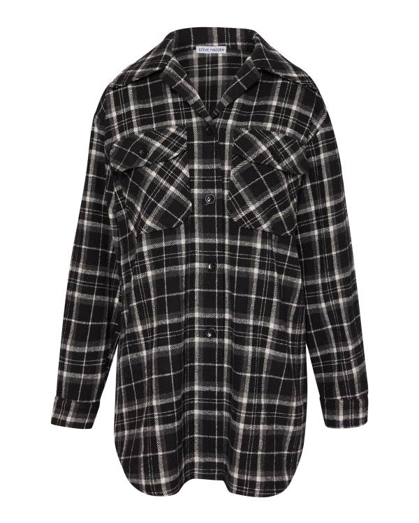 Steve Madden Oversized Plaid Flannel Topper Dame Svarte | SM-159AM