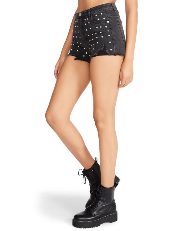 Steve Madden Rhinestone Distressed Denim Shorts Dame Svarte | SM-764LE