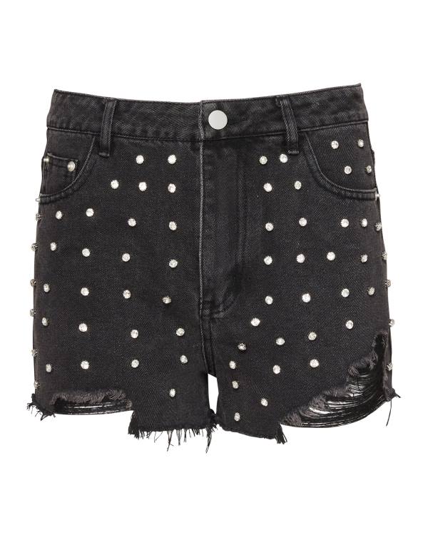 Steve Madden Rhinestone Distressed Denim Shorts Dame Svarte | SM-764LE