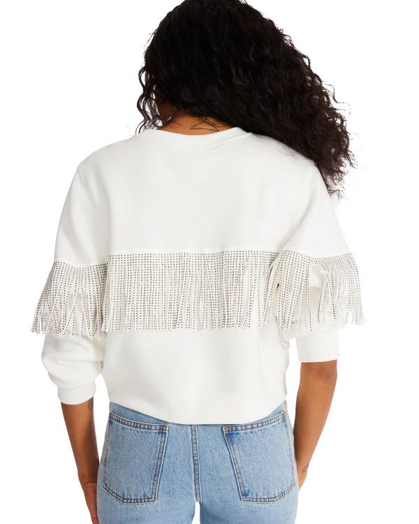 Steve Madden Rhinestone Fringe Crew Neck Topper Dame Hvite | SM-257TB