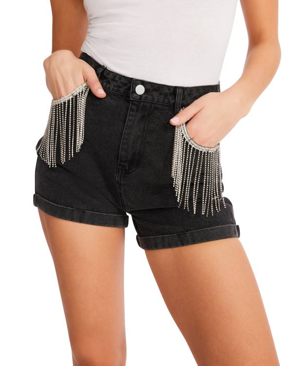 Steve Madden Rhinestone Fringe Shorts Dame Svarte | SM-517QK