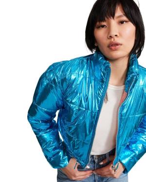 Steve Madden Cropped Metallic Puffer Jakke Dame Blå | SM-189NL