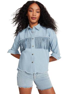 Steve Madden Denim Fringe Button Up Topper Dame Blå | SM-504QK