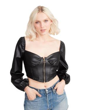 Steve Madden Long Sleeve Faux Lær Corset Topper Dame Svarte | SM-697CA